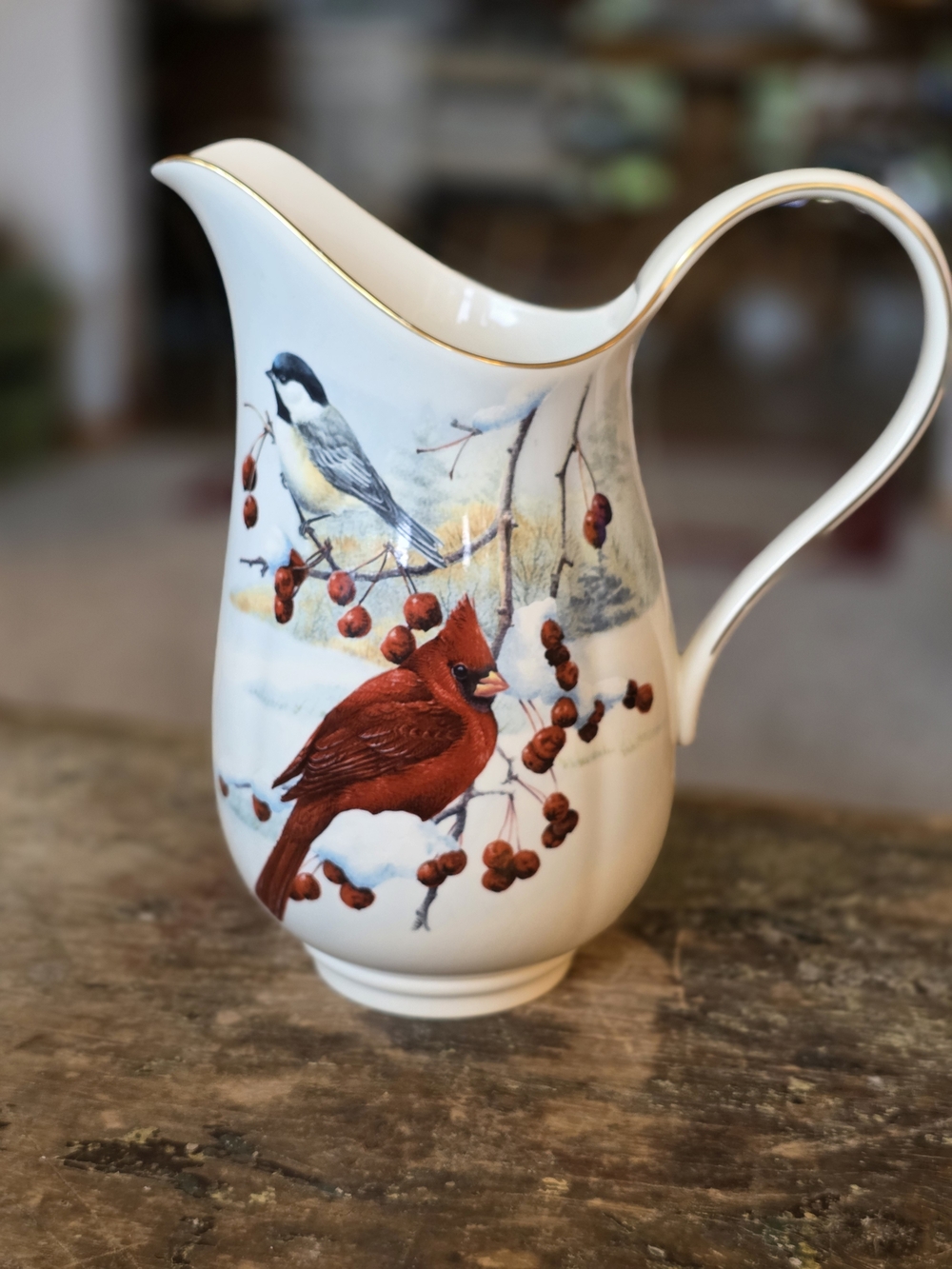 Lenox Ceramic Pitcher with Cardinal and Chickadee Illustration in Red and White